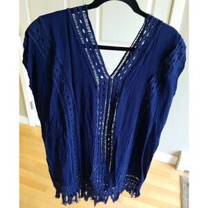 RAVIYA Cover Up Beachwear V-Neck Dress Summer Blue Eyelets Braided Fringe Small